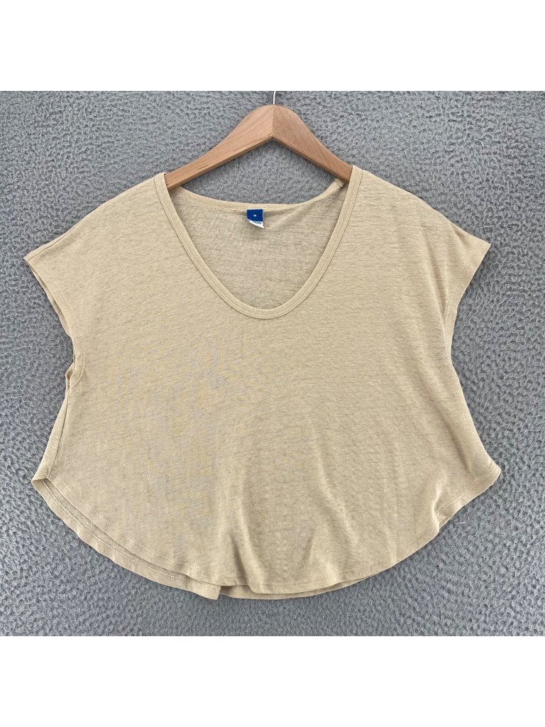Old Navy Top Women Medium Beige Linen Blend Crop Voop Neck Tee Dolman Cap Sleeve